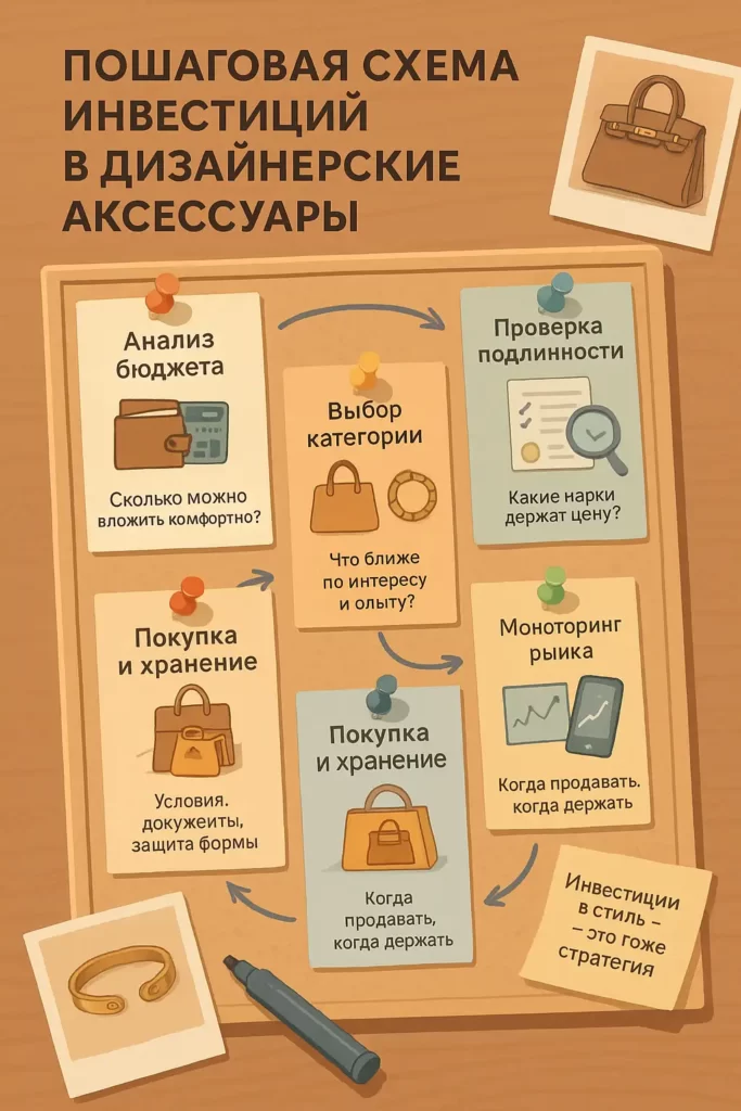 инфографика на доске с шестью шагами инвестиций в дизайнерские аксессуары: от бюджета до мониторинга, с подписями и иконками