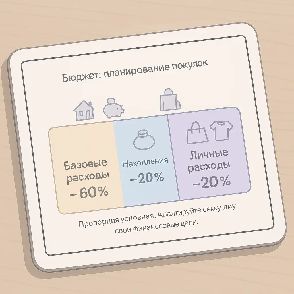 цифровая схема на планшете с распределением бюджета: 60% — базовые расходы, 20% — накопления, 20% — личные расходы, выделена категория «шопинг»