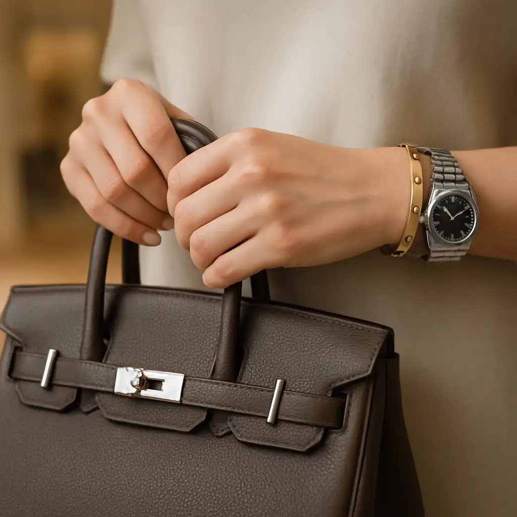 руки женщины с браслетом Cartier и часами Rolex держат кожаную сумку Hermès Birkin тёмно-коричневого цвета