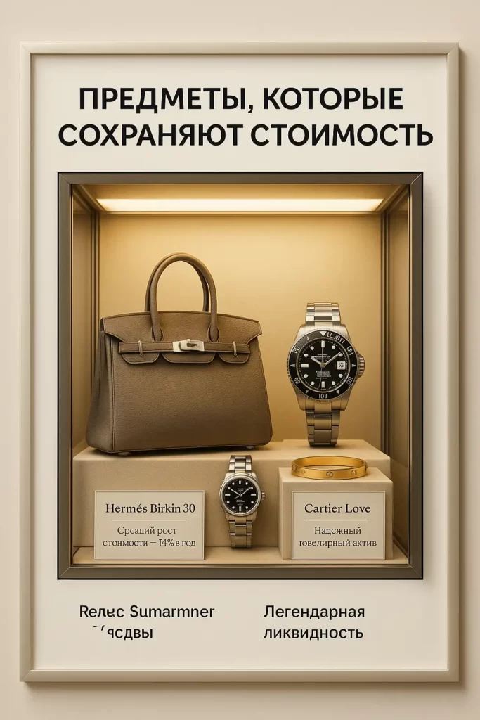 постер с витриной: сумка Hermès Birkin, часы Rolex и браслет Cartier с подписями о ценности и доходности
