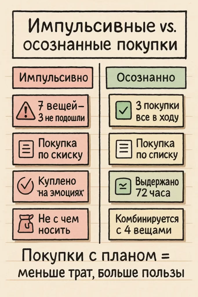 сравнение импульсивных и осознанных покупок в виде пары карточек с подписями и иконками на фоне блокнотной бумаги
