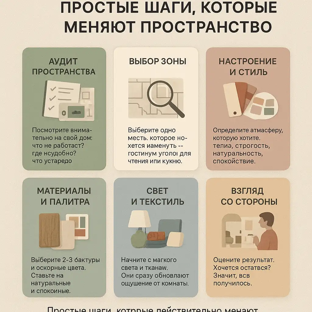инфографика из шести карточек с шагами обновления интерьера: аудит, выбор зоны, стиль, материалы, текстиль, оценка результата